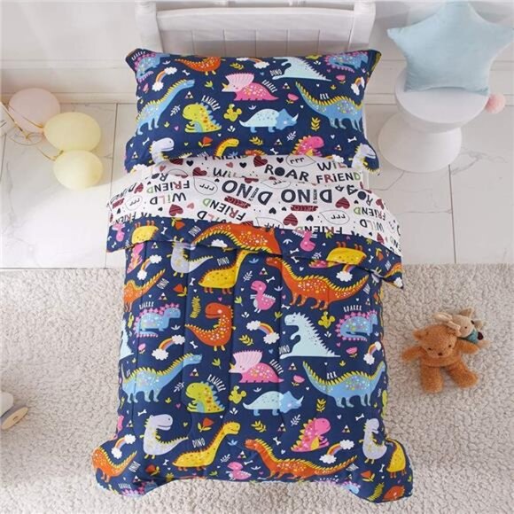 4 Piece Toddler Bedding Set, Standard Size Colorful Dinosaur Printed - Picture 1 of 7